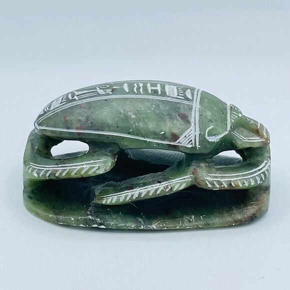 Vintage Olive Green Hand Carved Ancient Egyptian Soapstone Scarab Beetle Unique - Picture 3 of 12
